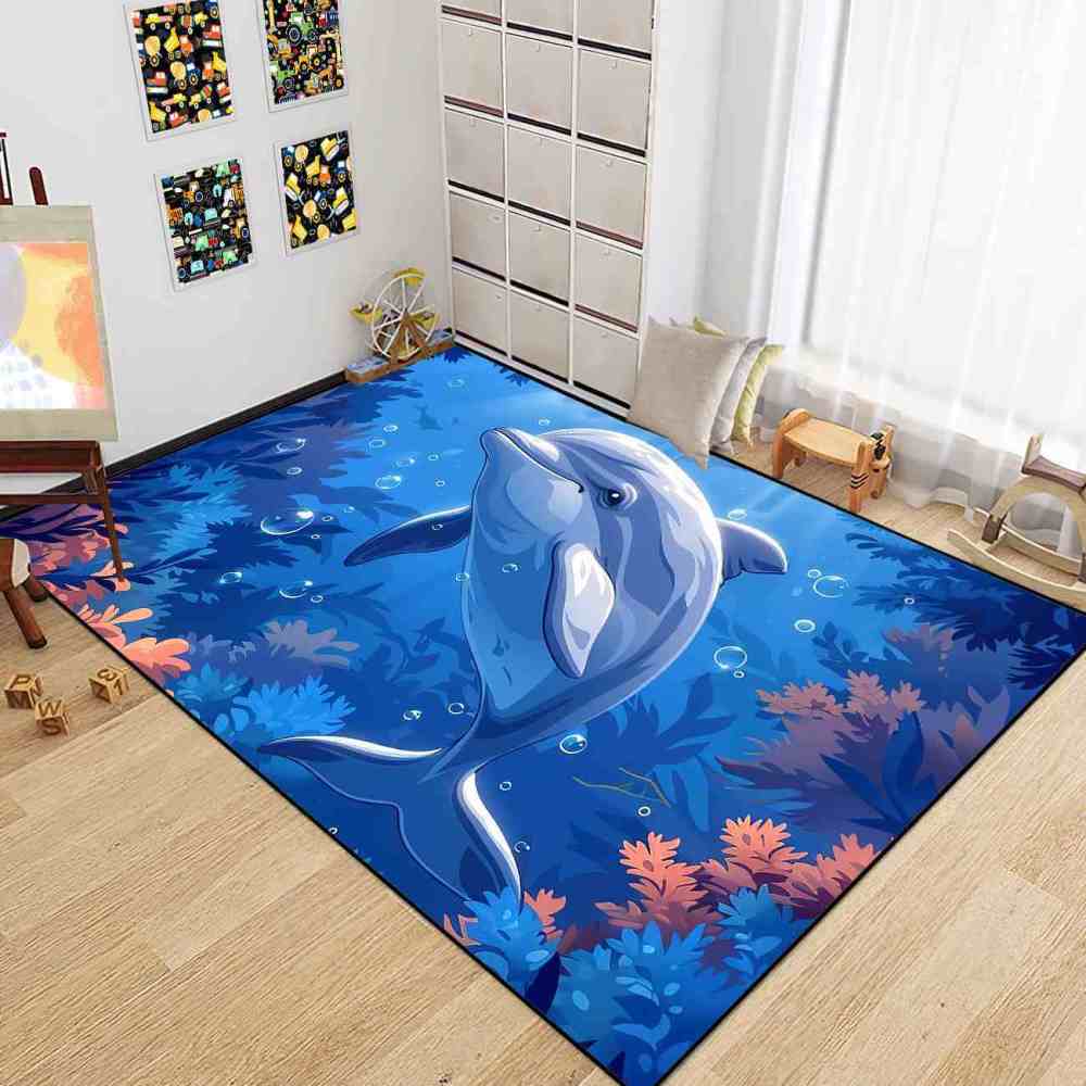 Graceful Blue Dolphin Underwater Coral Garden Rug | CozyLil