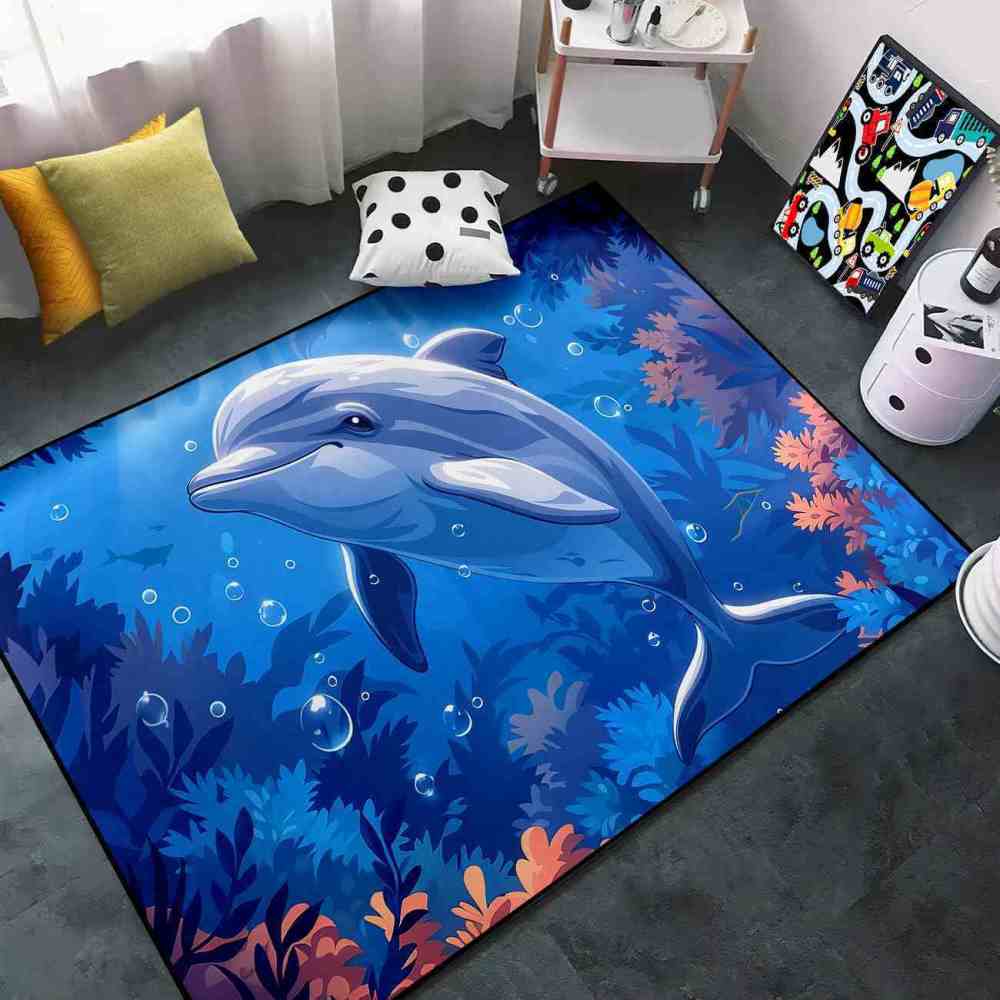 Graceful Blue Dolphin Underwater Coral Garden Rug | CozyLil