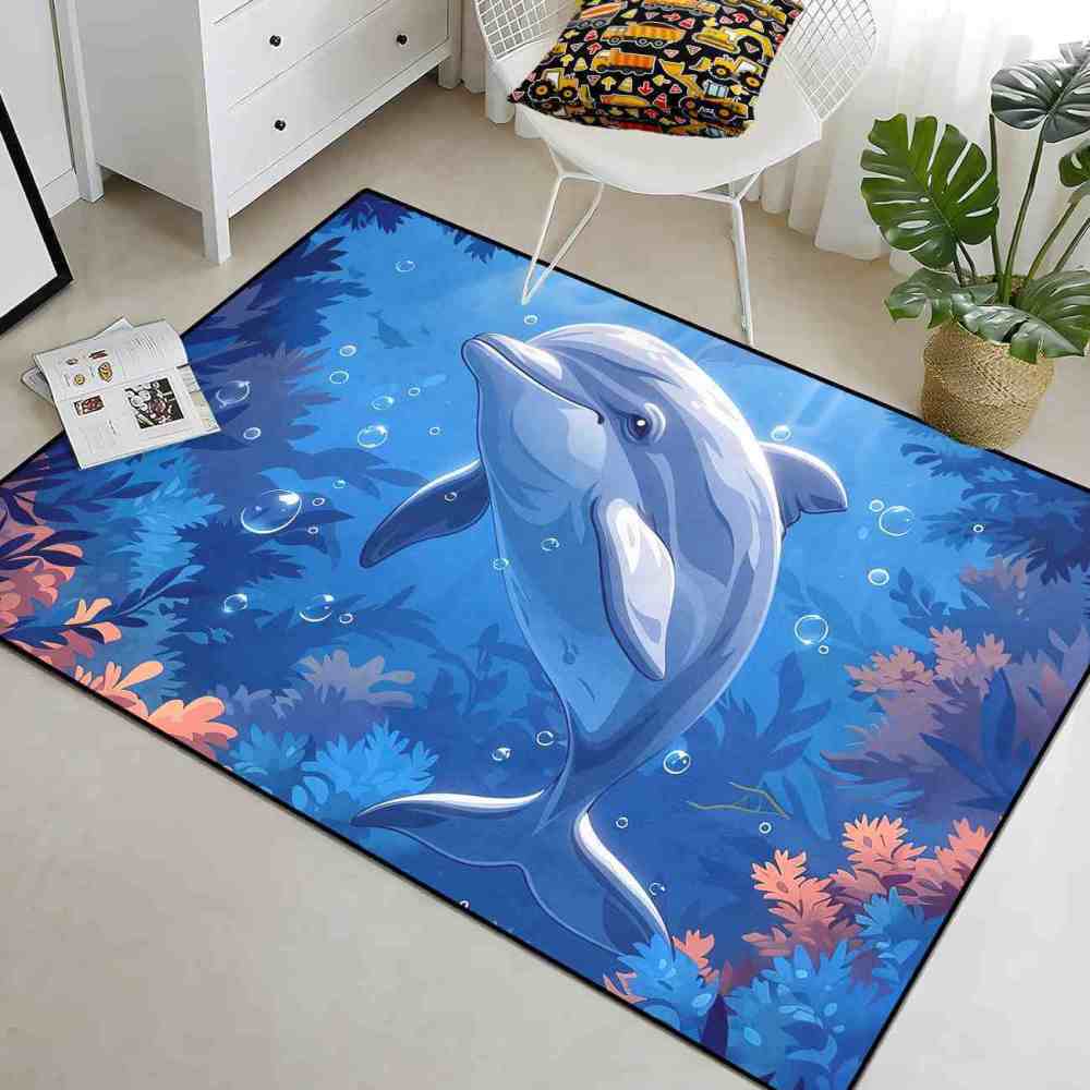 Graceful Blue Dolphin Underwater Coral Garden Rug | CozyLil