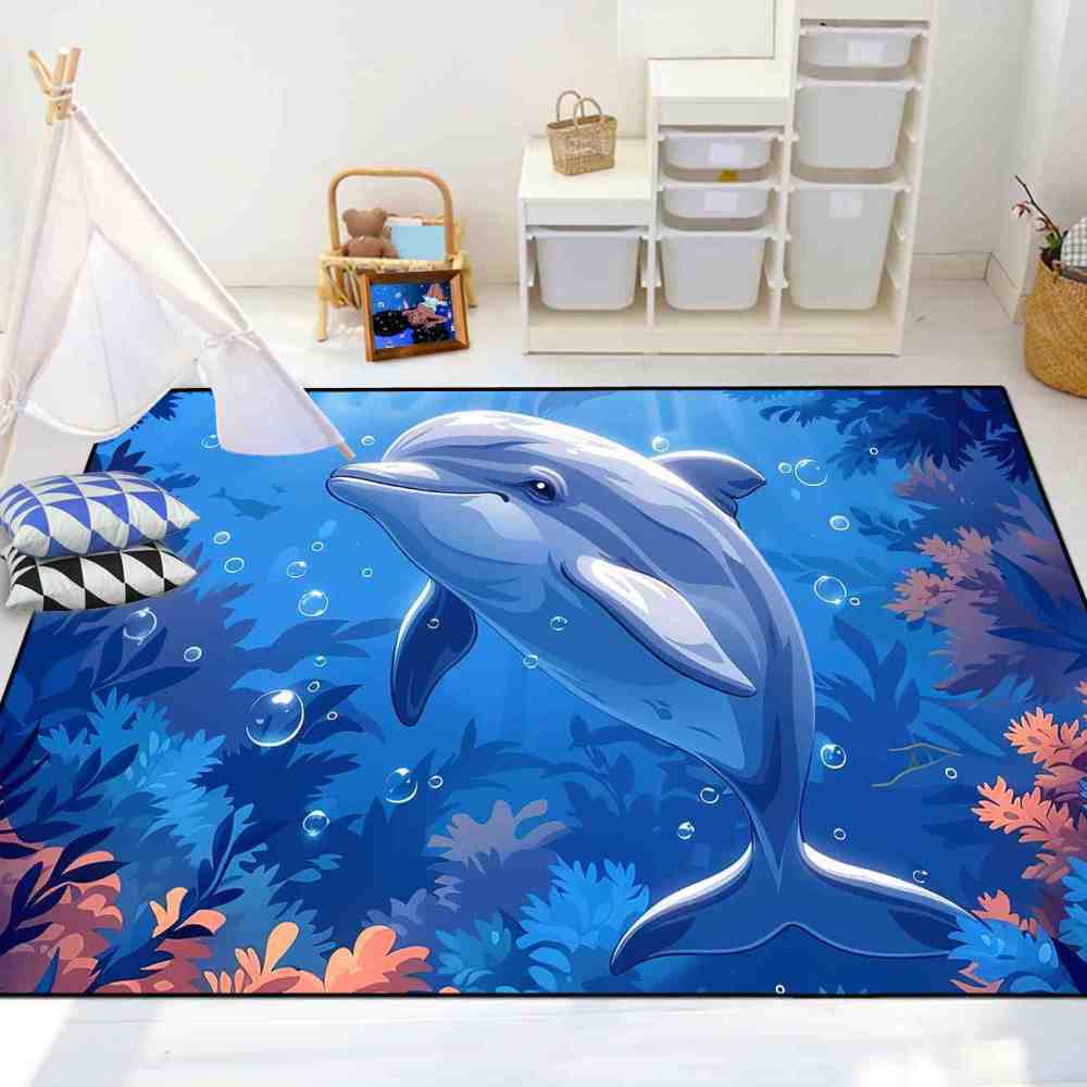 Graceful Blue Dolphin Underwater Coral Garden Rug | CozyLil