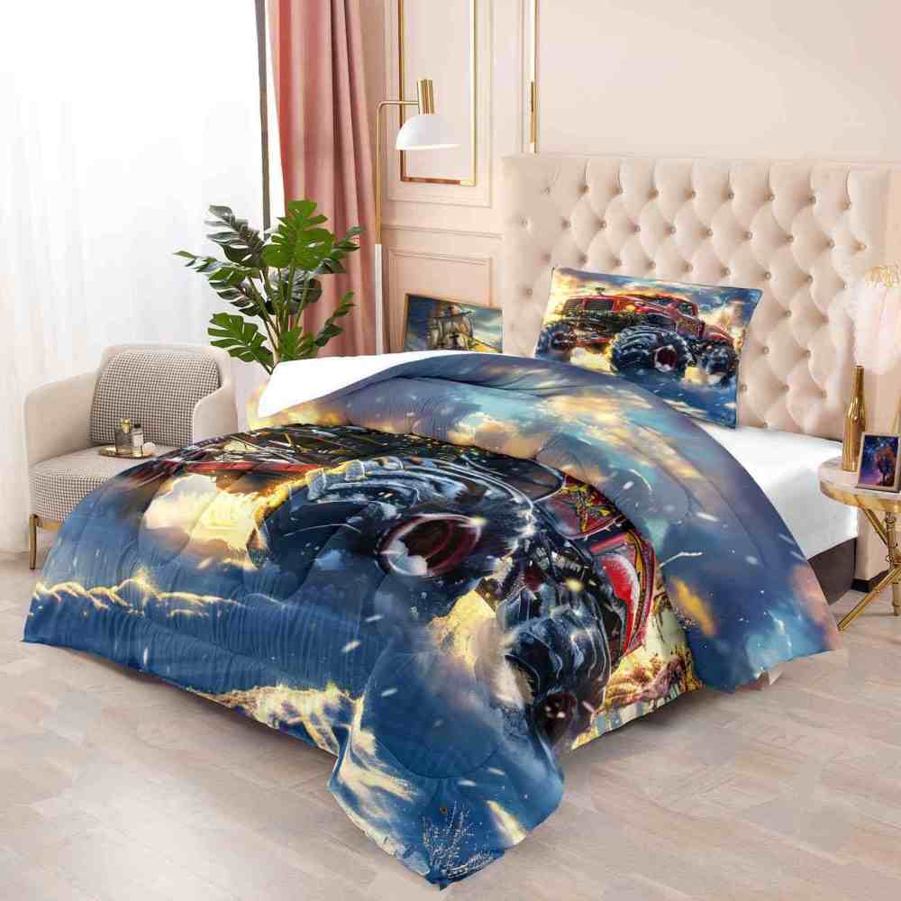 Festive Red Monster Truck Wreath Comforter Set Kids Winter Bedding | CozyLil