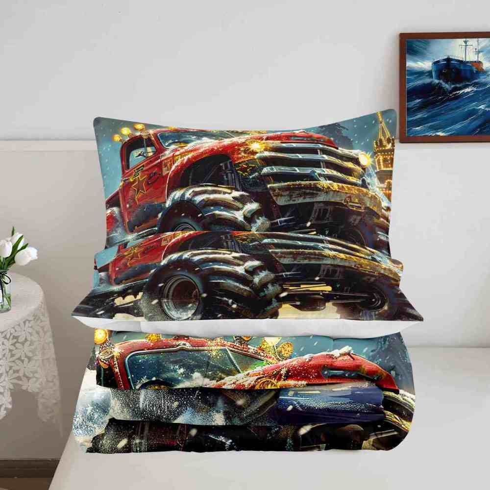 Festive Red Monster Truck Wreath Comforter Set Kids Winter Bedding | CozyLil
