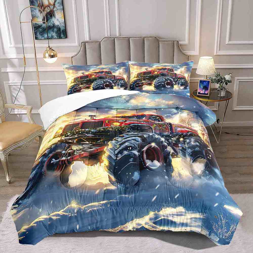 Festive Red Monster Truck Wreath Comforter Set Kids Winter Bedding | CozyLil