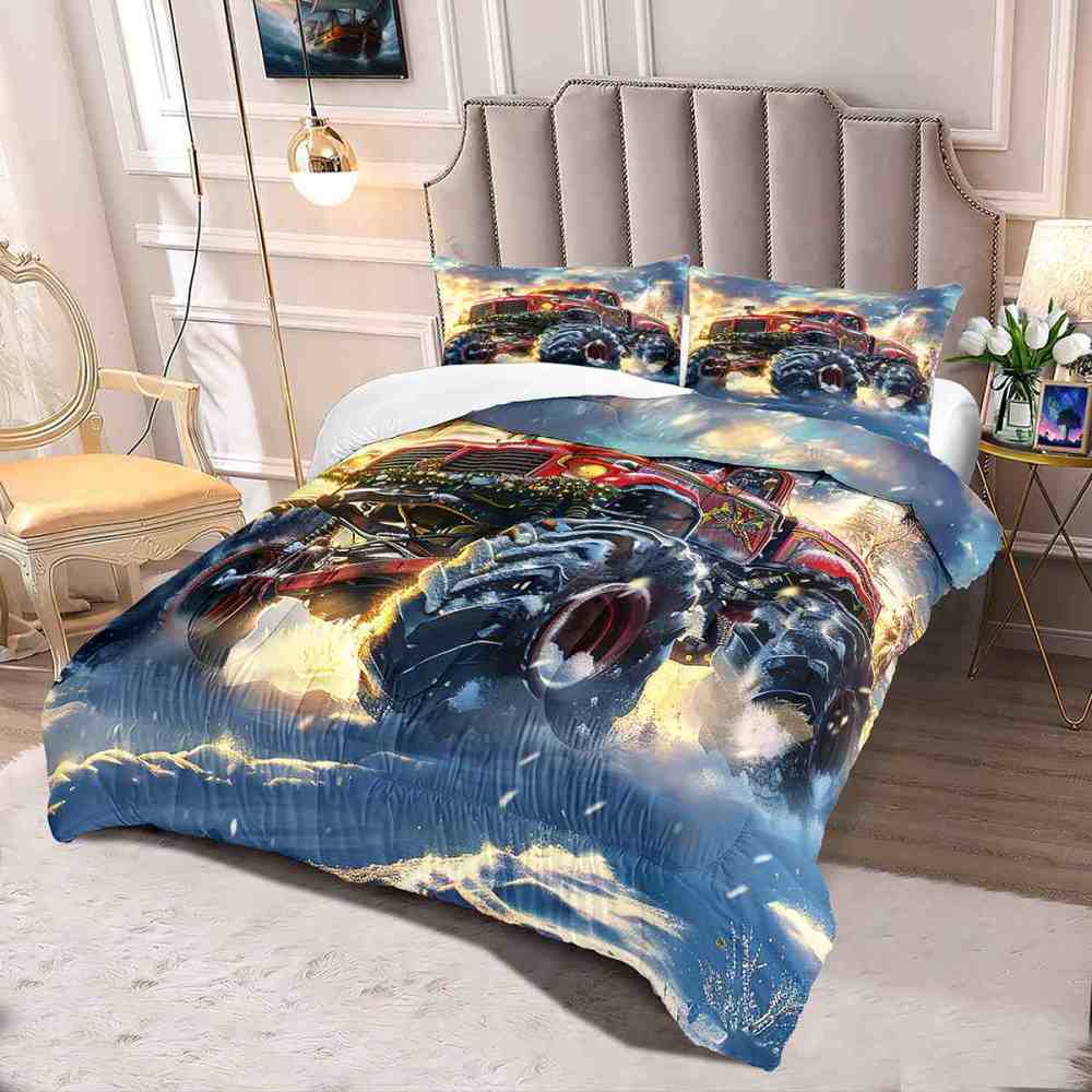 Festive Red Monster Truck Wreath Comforter Set Kids Winter Bedding | CozyLil