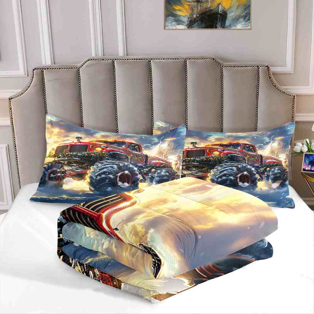 Festive Red Monster Truck Wreath Comforter Set Kids Winter Bedding | CozyLil