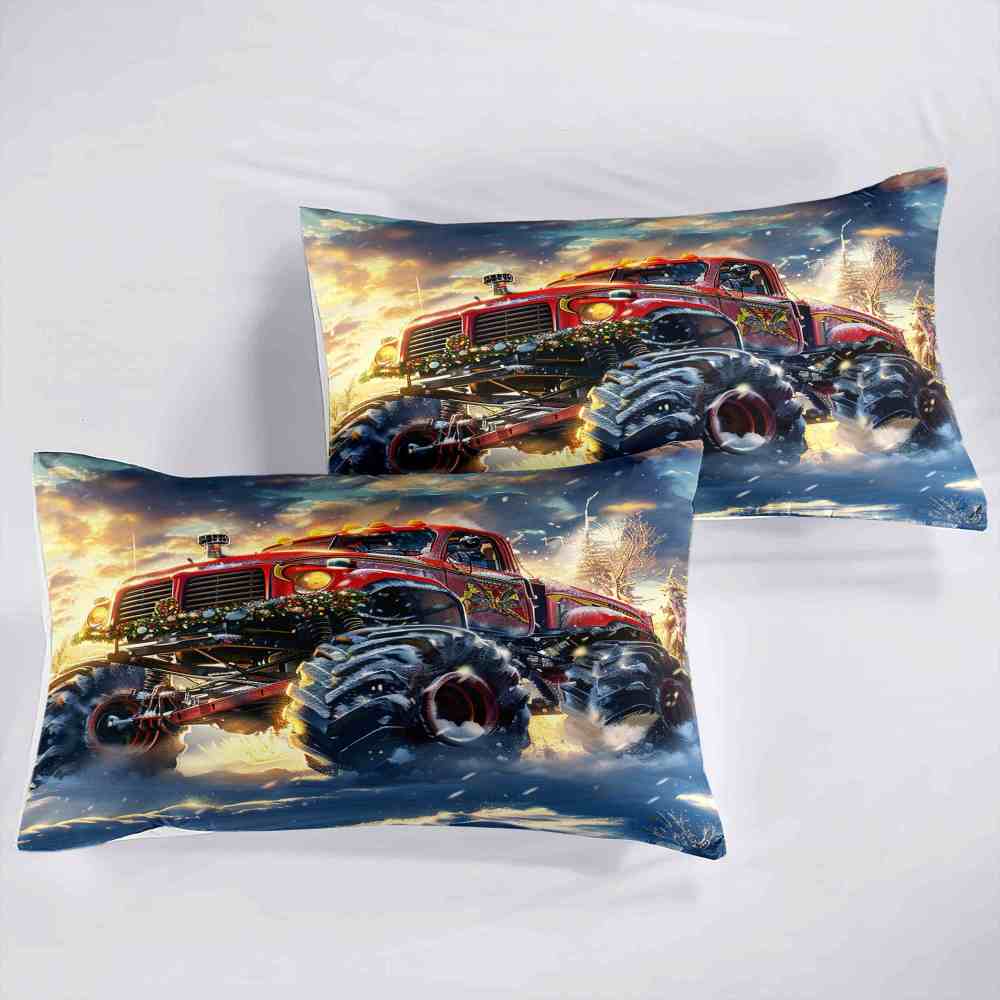 Festive Red Monster Truck Wreath Comforter Set Kids Winter Bedding | CozyLil