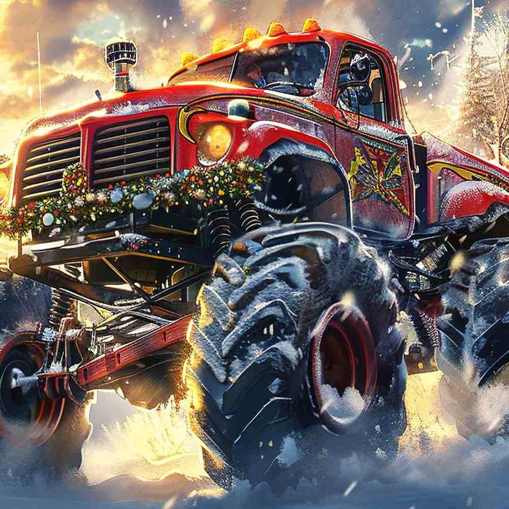 Festive Red Monster Truck Wreath Comforter Set Kids Winter Bedding | CozyLil