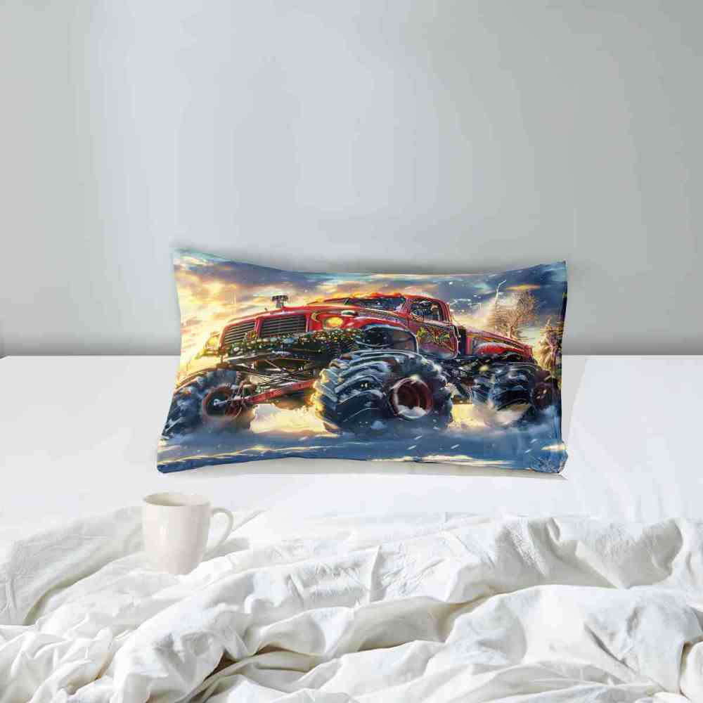 Festive Red Monster Truck Wreath Comforter Set Kids Winter Bedding | CozyLil