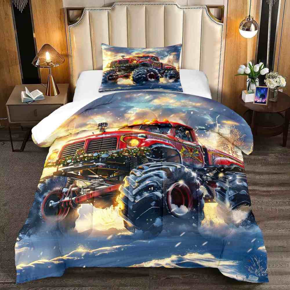 Festive Red Monster Truck Wreath Comforter Set Kids Winter Bedding | CozyLil