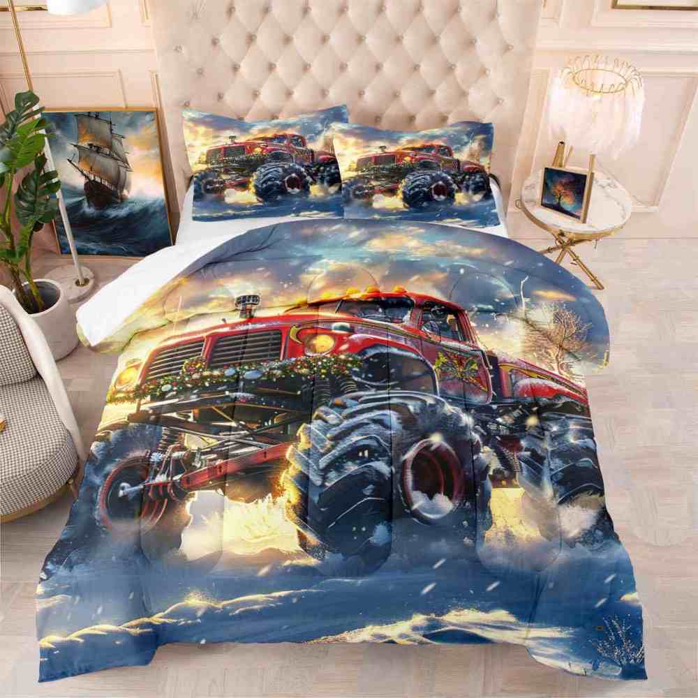 Festive Red Monster Truck Wreath Comforter Set Kids Winter Bedding | CozyLil