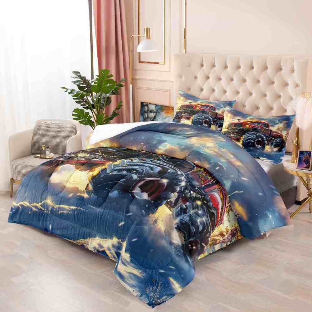 Festive Red Monster Truck Wreath Comforter Set Kids Winter Bedding | CozyLil