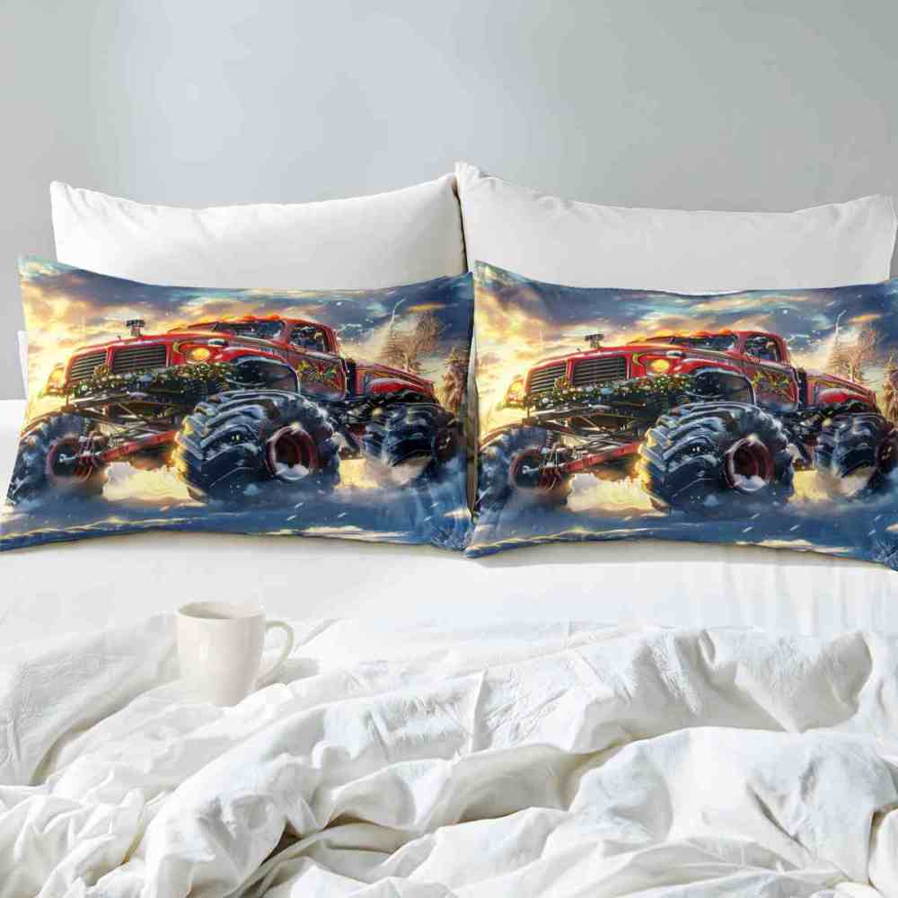 Festive Red Monster Truck Wreath Comforter Set Kids Winter Bedding | CozyLil