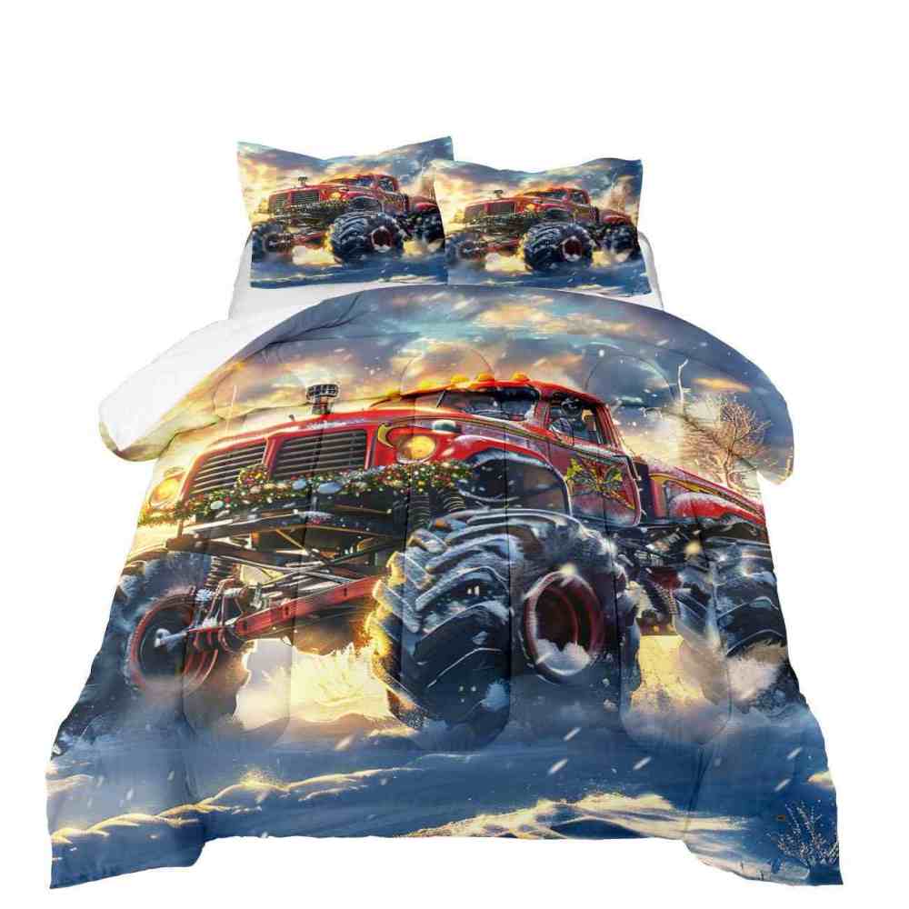 Festive Red Monster Truck Wreath Comforter Set Kids Winter Bedding | CozyLil