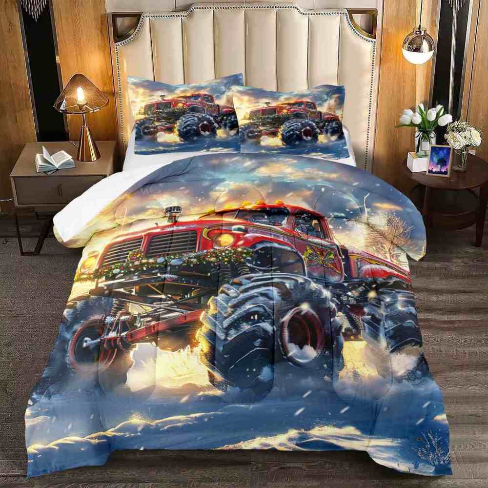Festive Red Monster Truck Wreath Comforter Set Kids Winter Bedding | CozyLil