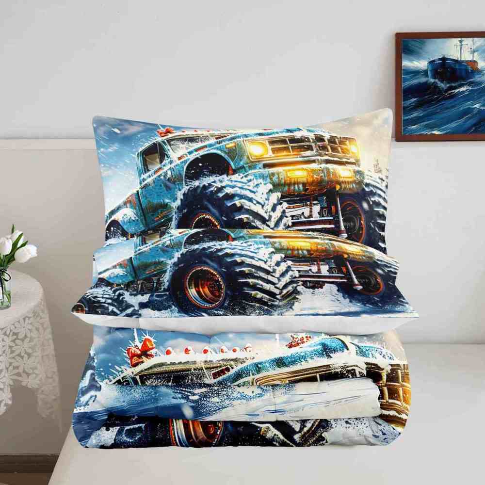 Classic Red Monster Truck Teal Sky Comforter Set Toddler Bedding | CozyLil