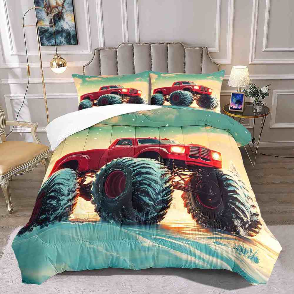 Classic Red Monster Truck Teal Sky Comforter Set Toddler Bedding | CozyLil