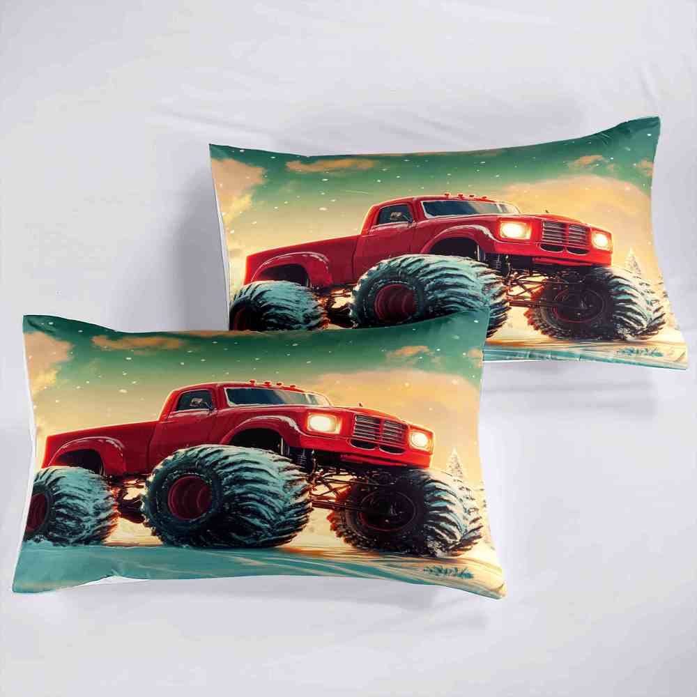 Classic Red Monster Truck Teal Sky Comforter Set Toddler Bedding | CozyLil
