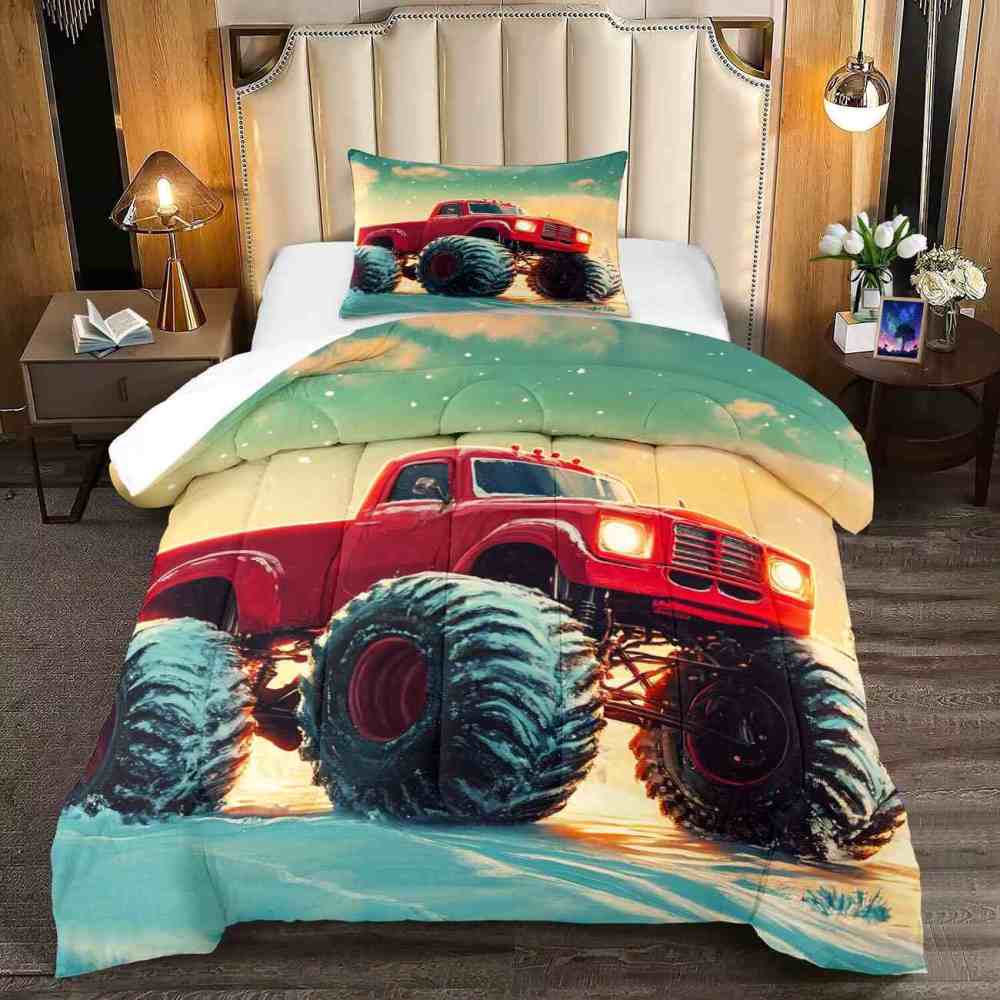 Classic Red Monster Truck Teal Sky Comforter Set Toddler Bedding | CozyLil