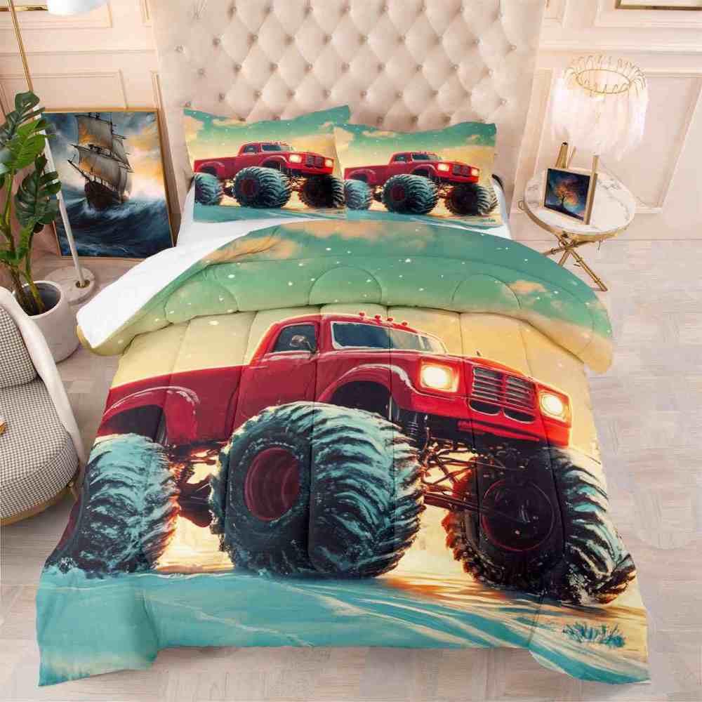 Classic Red Monster Truck Teal Sky Comforter Set Toddler Bedding | CozyLil