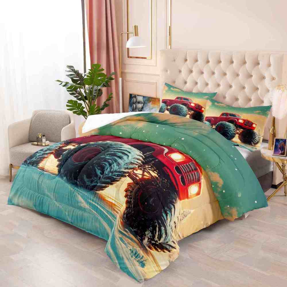Classic Red Monster Truck Teal Sky Comforter Set Toddler Bedding | CozyLil