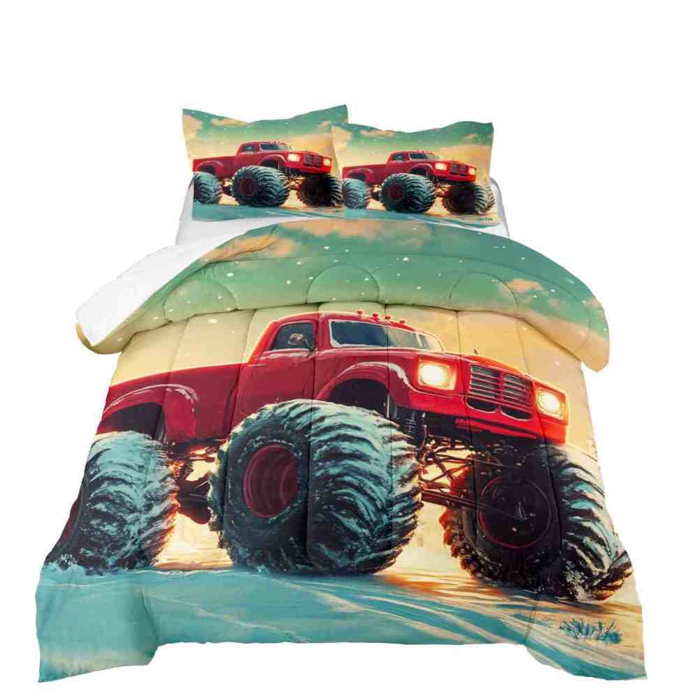 Classic Red Monster Truck Teal Sky Comforter Set Toddler Bedding | CozyLil