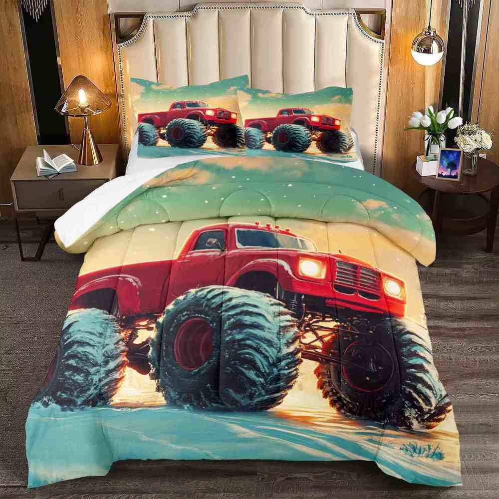 Classic Red Monster Truck Teal Sky Comforter Set Toddler Bedding | CozyLil