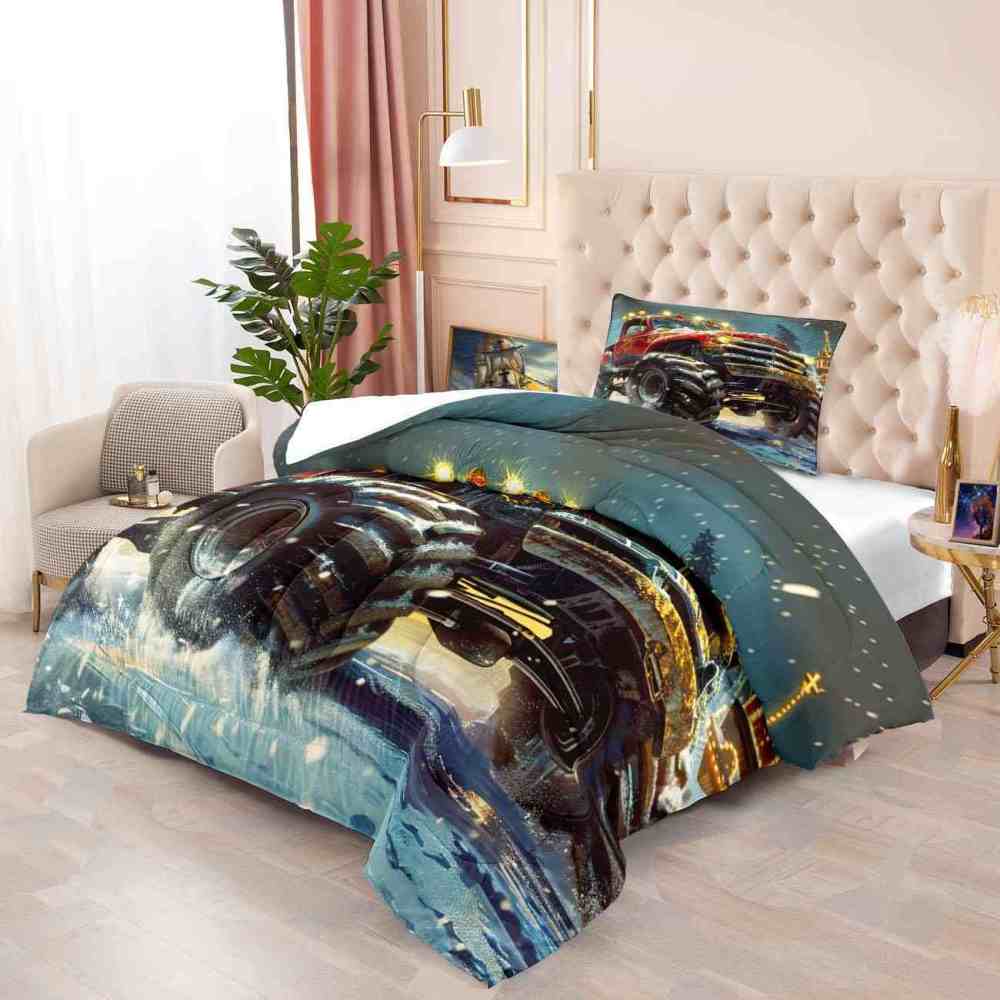 Glowing Lights Red Monster Truck Comforter Set Boys Room Decor | CozyLil