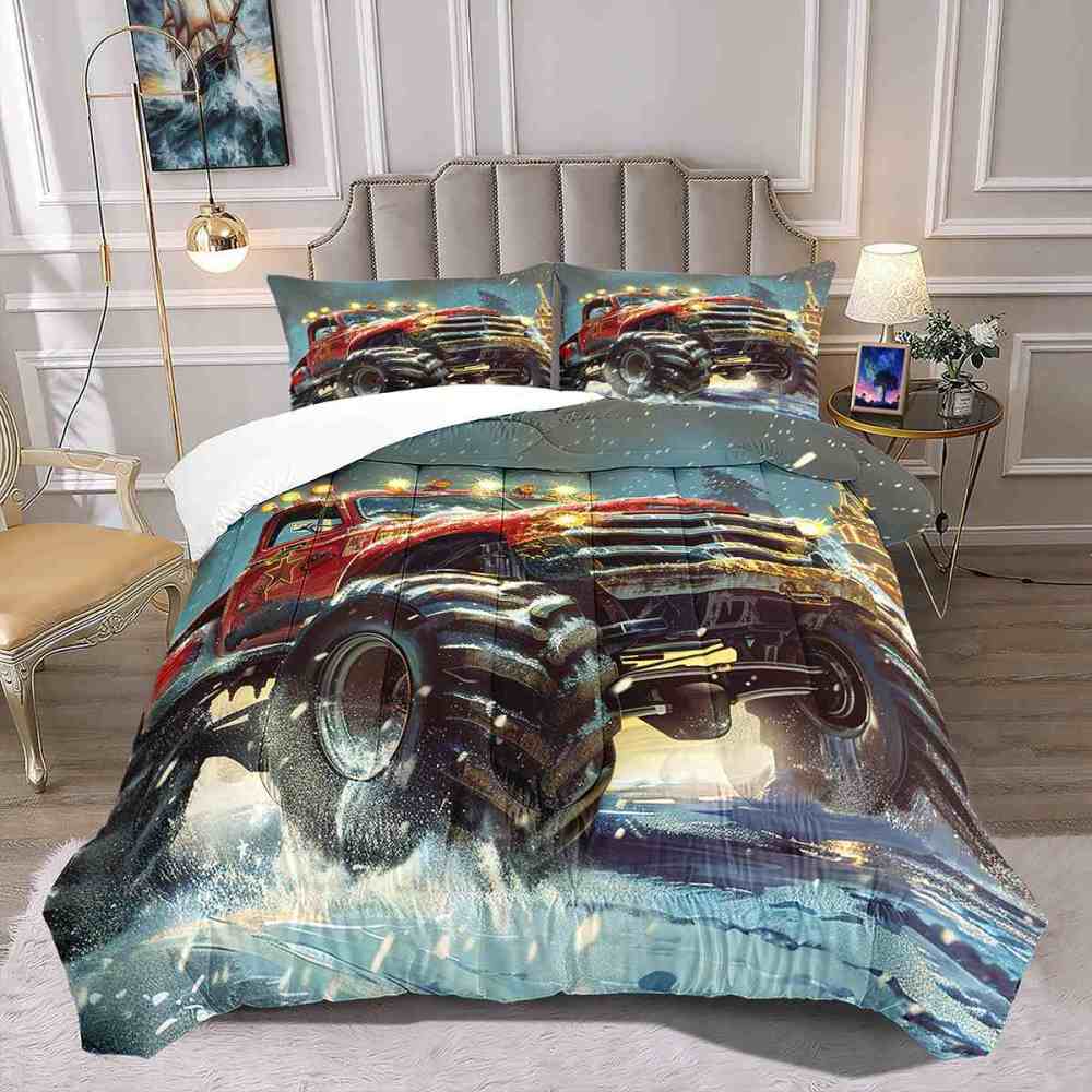 Glowing Lights Red Monster Truck Comforter Set Boys Room Decor | CozyLil