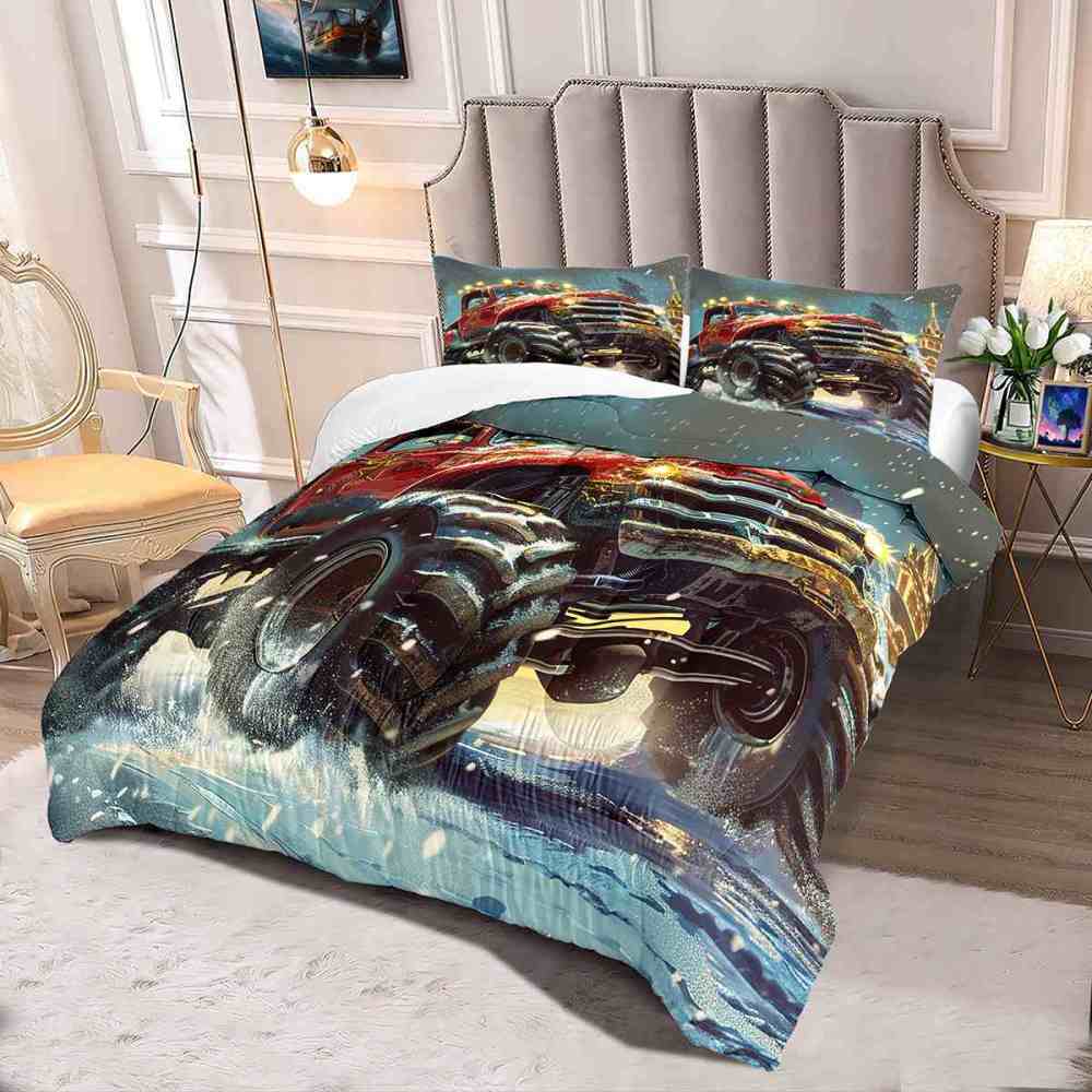 Glowing Lights Red Monster Truck Comforter Set Boys Room Decor | CozyLil