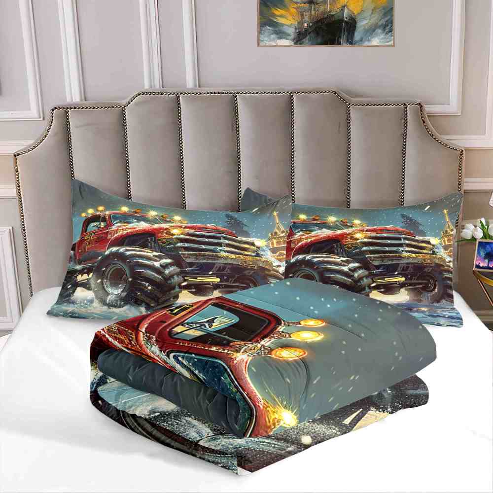Glowing Lights Red Monster Truck Comforter Set Boys Room Decor | CozyLil