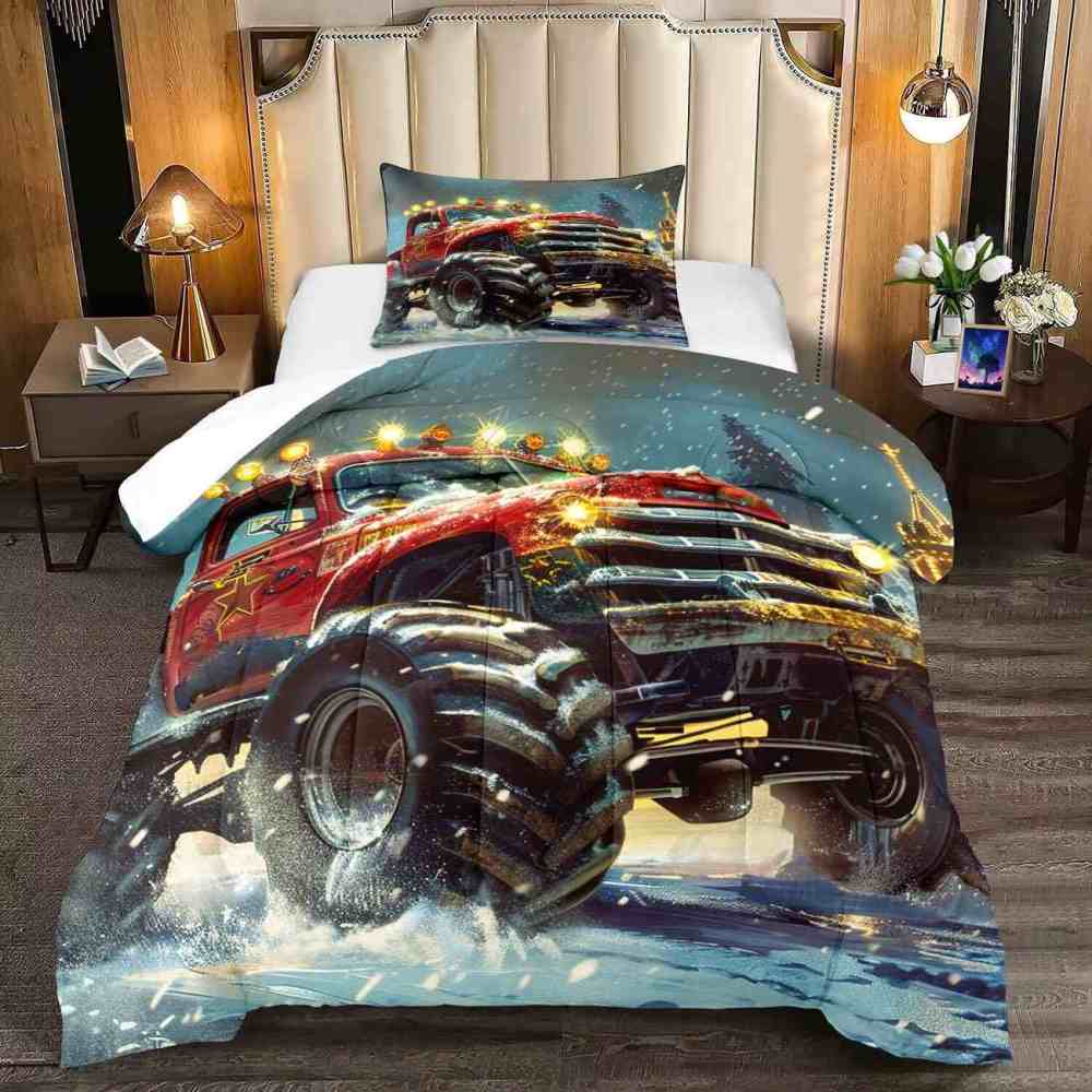 Glowing Lights Red Monster Truck Comforter Set Boys Room Decor | CozyLil