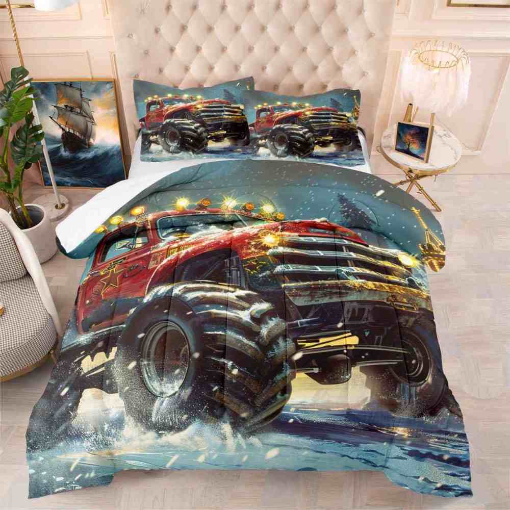 Glowing Lights Red Monster Truck Comforter Set Boys Room Decor | CozyLil