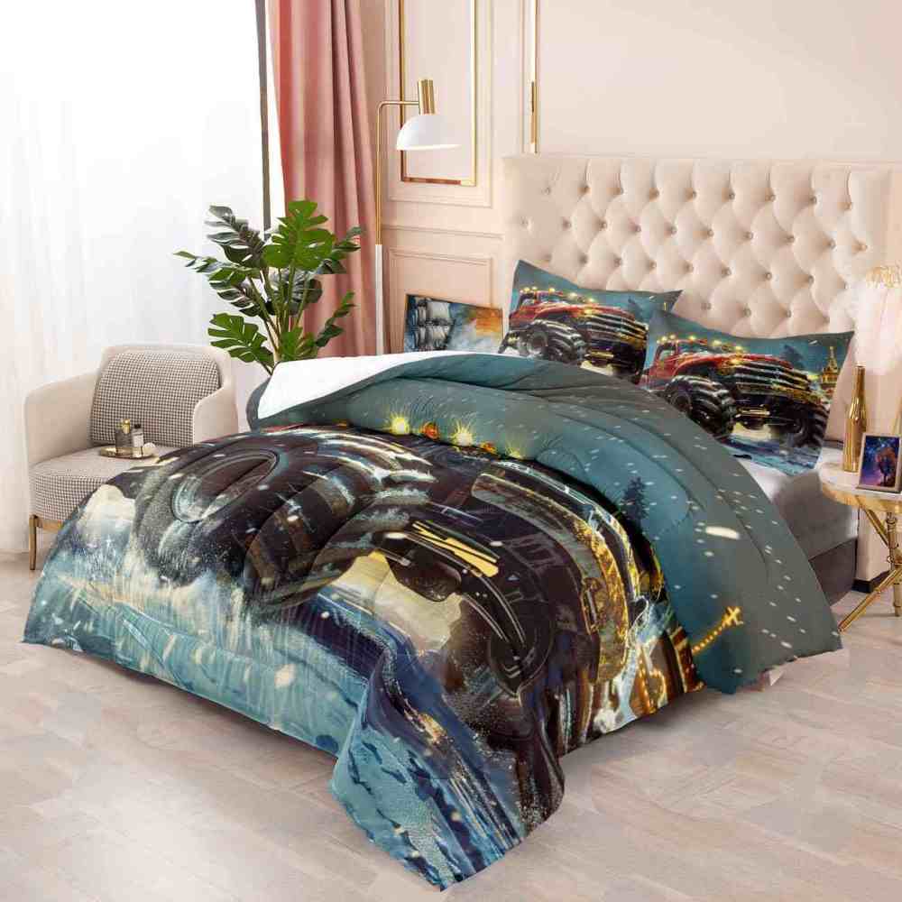 Glowing Lights Red Monster Truck Comforter Set Boys Room Decor | CozyLil
