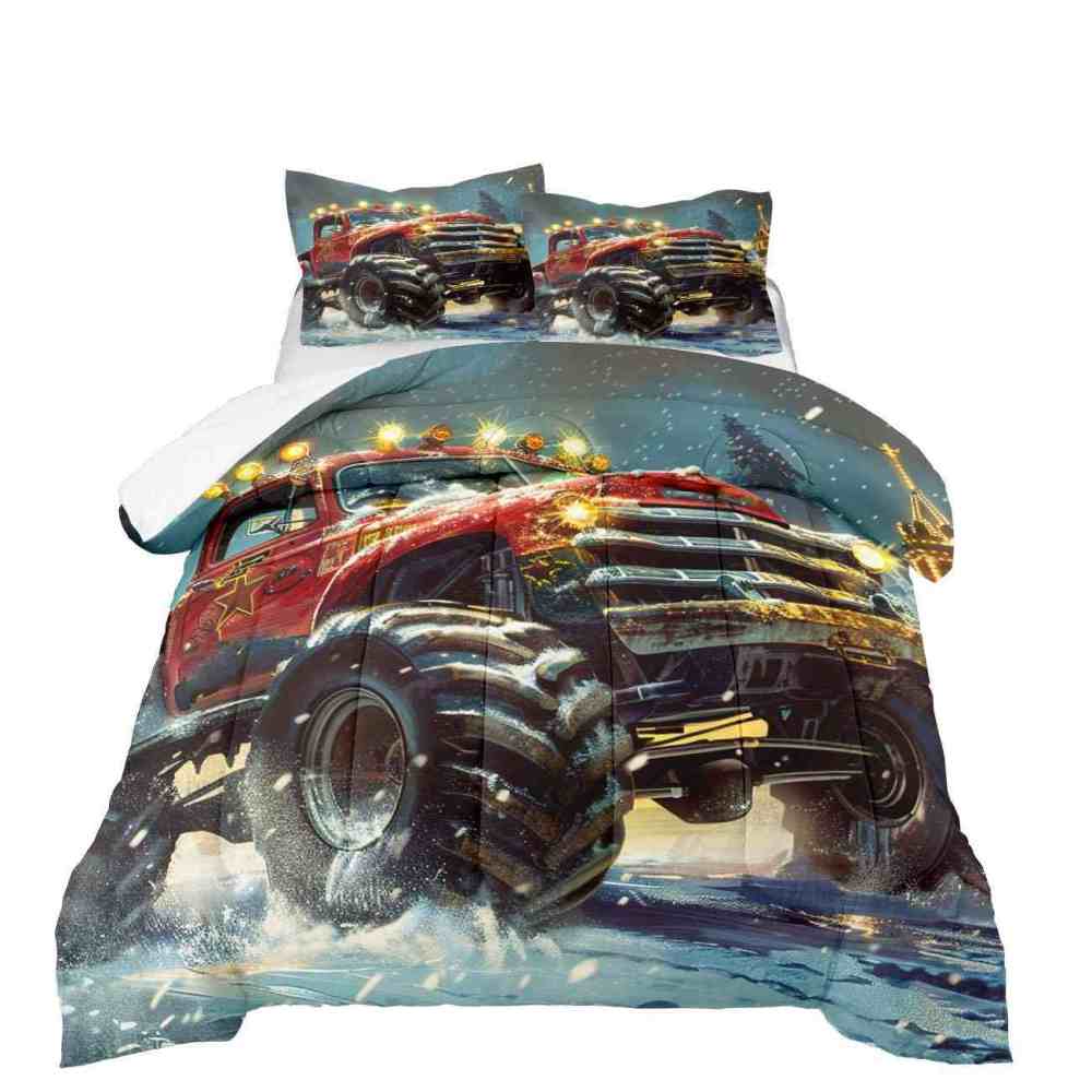 Glowing Lights Red Monster Truck Comforter Set Boys Room Decor | CozyLil