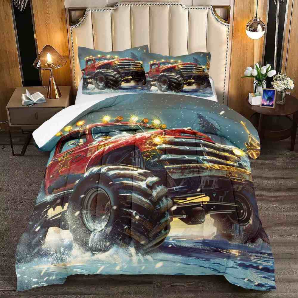 Glowing Lights Red Monster Truck Comforter Set Boys Room Decor | CozyLil