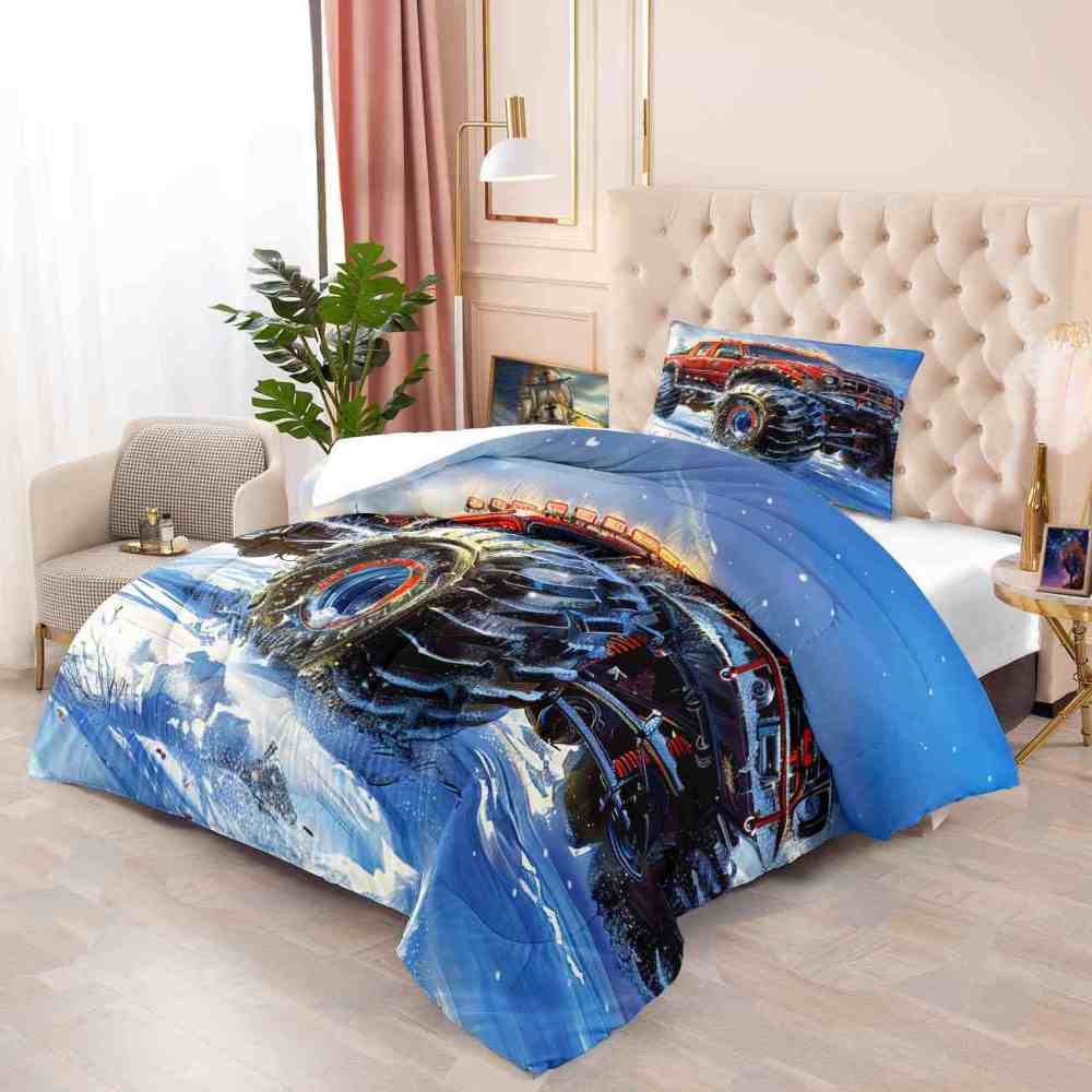 Dynamic Blue Sky Monster Truck Comforter Set Kids Racing Bedding | CozyLil