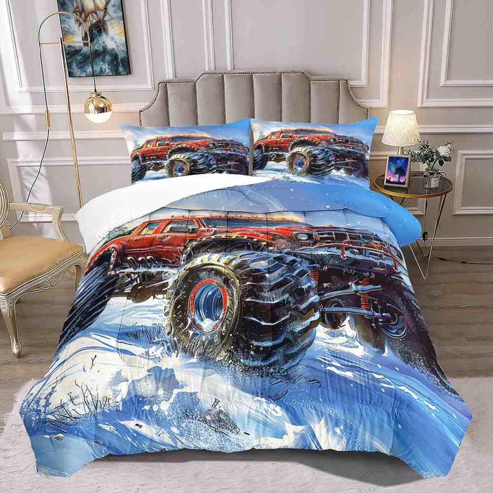 Dynamic Blue Sky Monster Truck Comforter Set Kids Racing Bedding | CozyLil