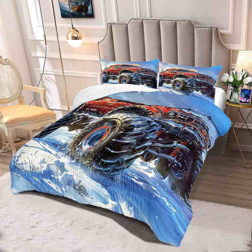 Dynamic Blue Sky Monster Truck Comforter Set Kids Racing Bedding | CozyLil