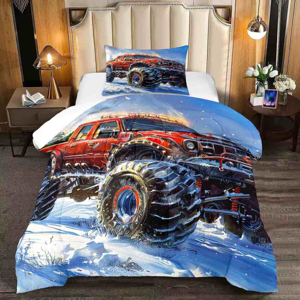 Dynamic Blue Sky Monster Truck Comforter Set Kids Racing Bedding | CozyLil