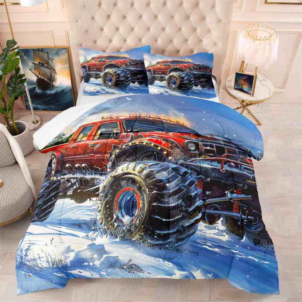 Dynamic Blue Sky Monster Truck Comforter Set Kids Racing Bedding | CozyLil