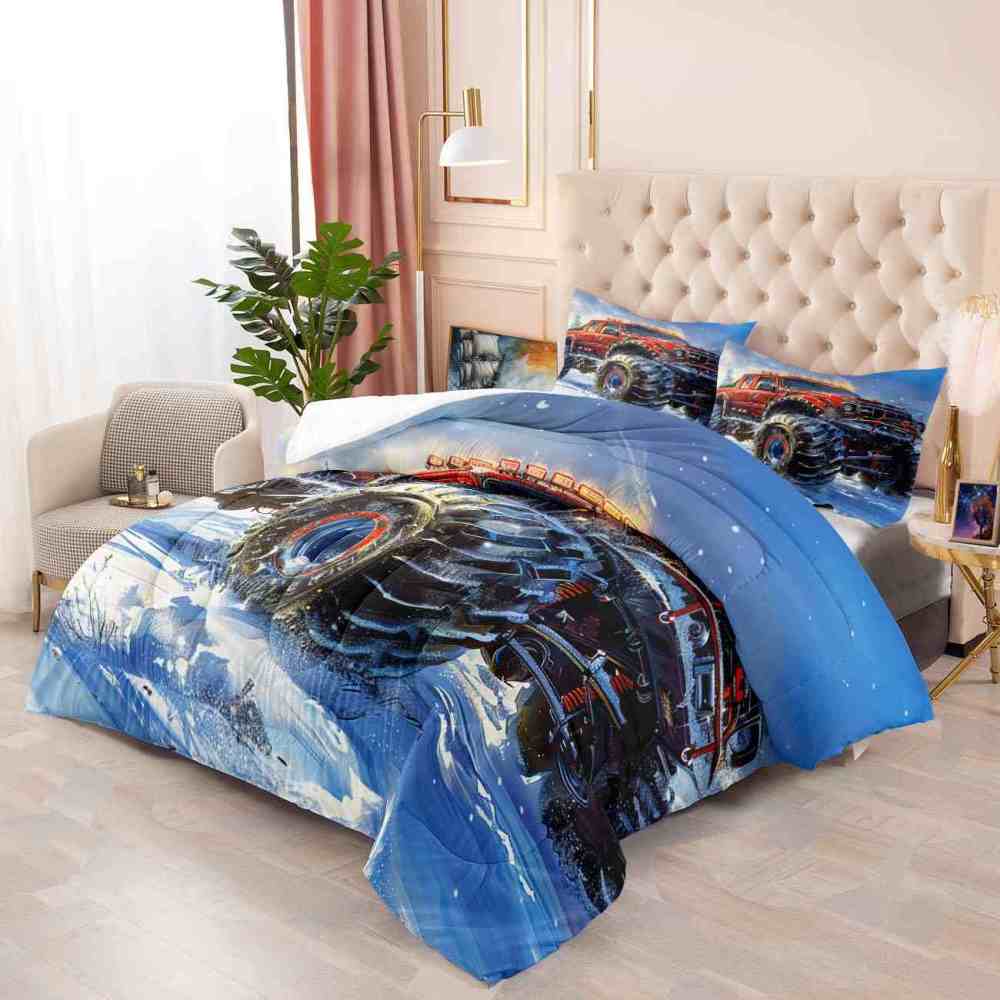Dynamic Blue Sky Monster Truck Comforter Set Kids Racing Bedding | CozyLil