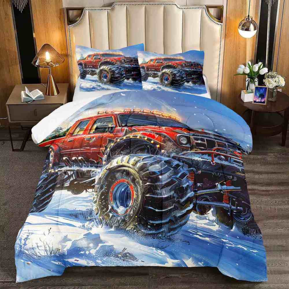 Dynamic Blue Sky Monster Truck Comforter Set Kids Racing Bedding | CozyLil