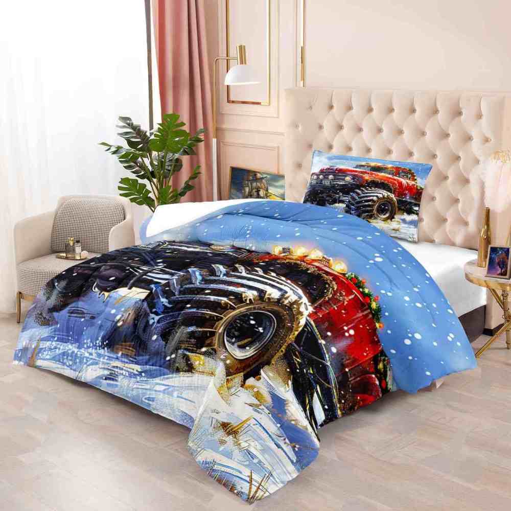 Holiday Roof Wreath Monster Truck Comforter Set Boys Winter Bedding | CozyLil