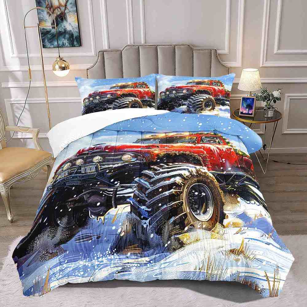 Holiday Roof Wreath Monster Truck Comforter Set Boys Winter Bedding | CozyLil