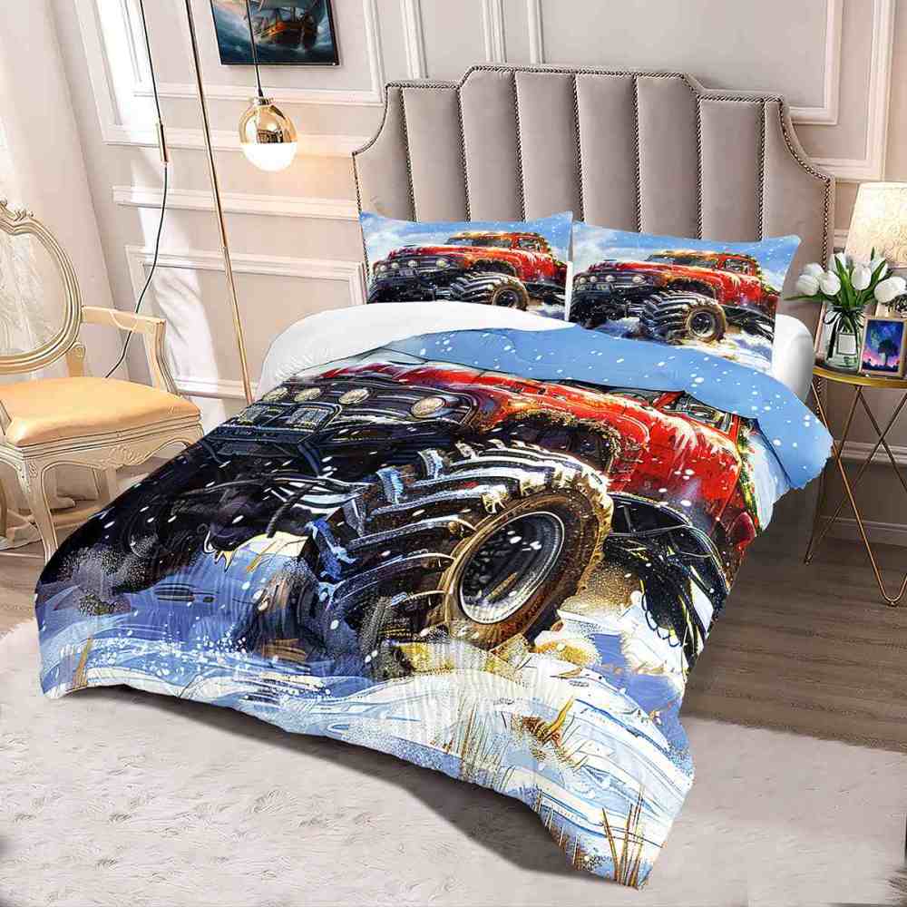Holiday Roof Wreath Monster Truck Comforter Set Boys Winter Bedding | CozyLil