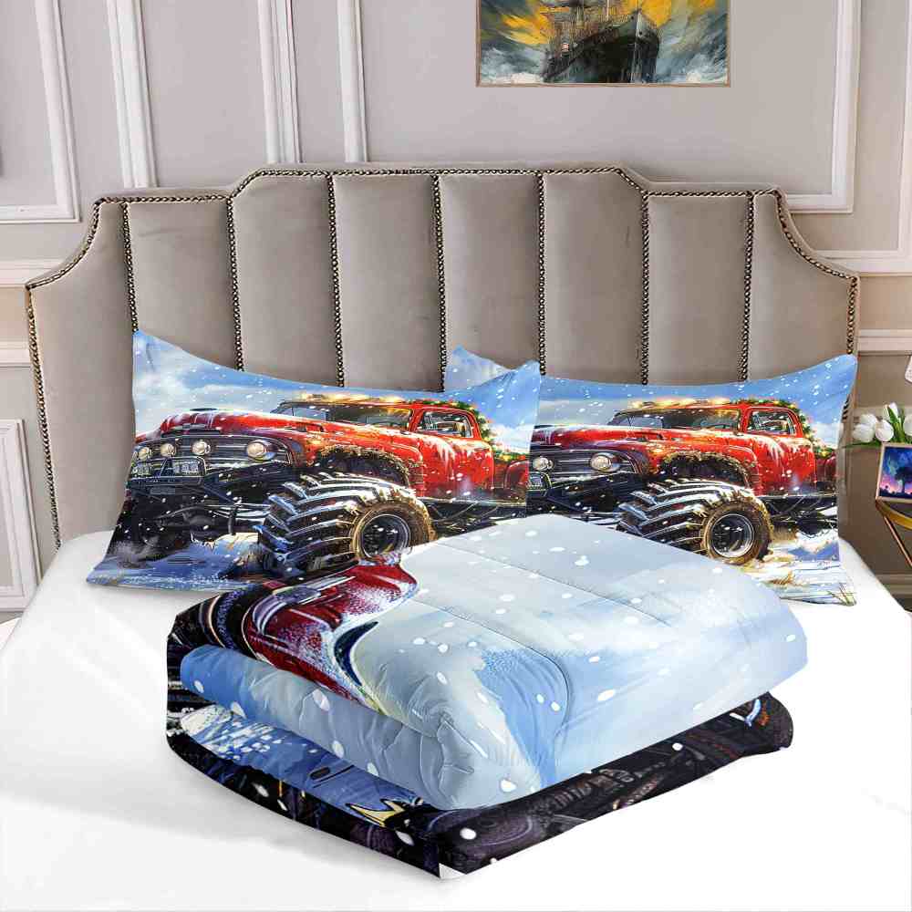 Holiday Roof Wreath Monster Truck Comforter Set Boys Winter Bedding | CozyLil