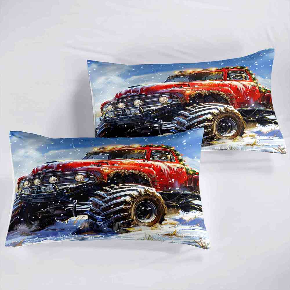 Holiday Roof Wreath Monster Truck Comforter Set Boys Winter Bedding | CozyLil
