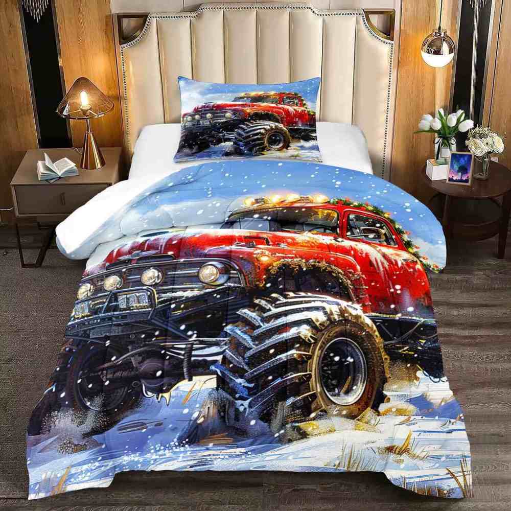 Holiday Roof Wreath Monster Truck Comforter Set Boys Winter Bedding | CozyLil