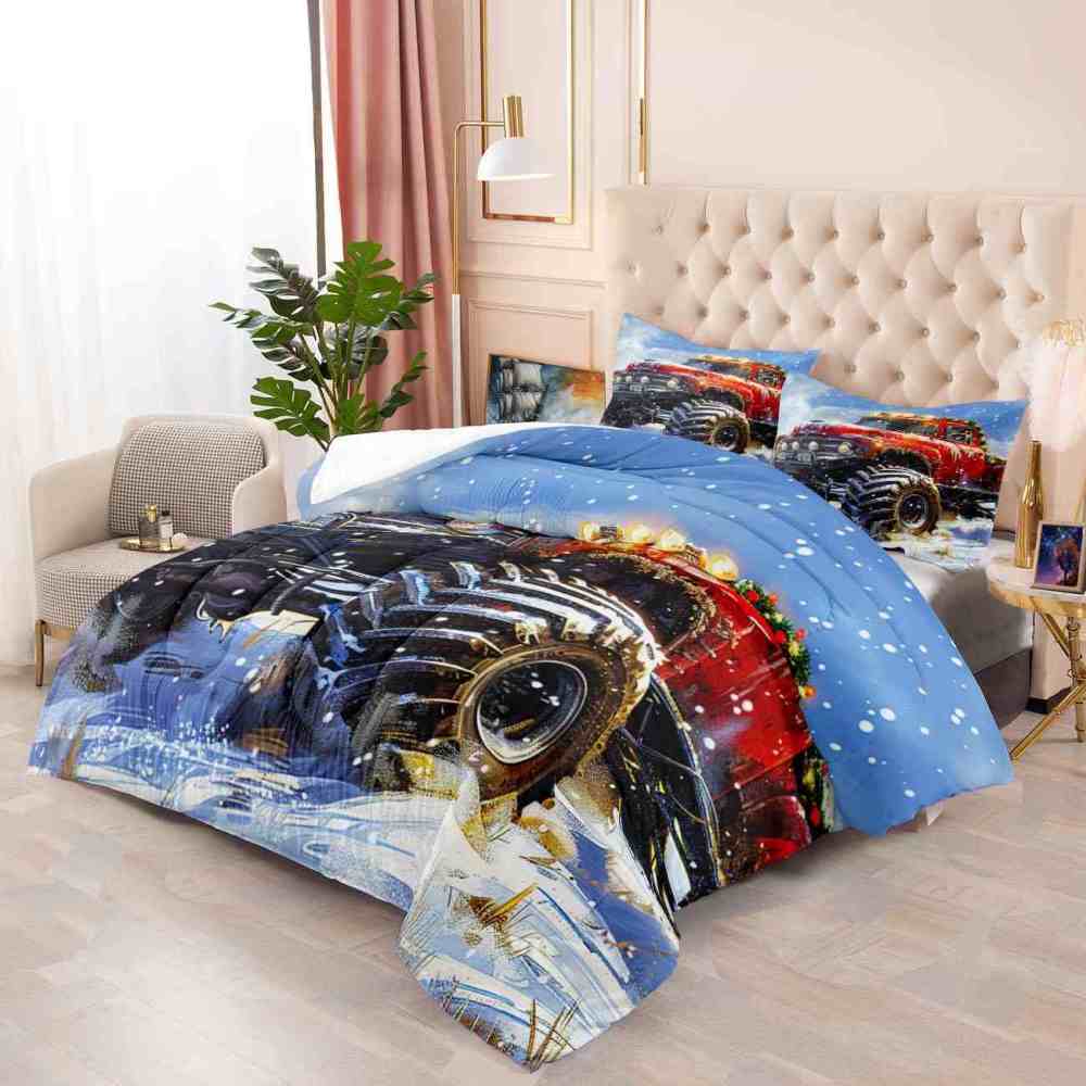 Holiday Roof Wreath Monster Truck Comforter Set Boys Winter Bedding | CozyLil
