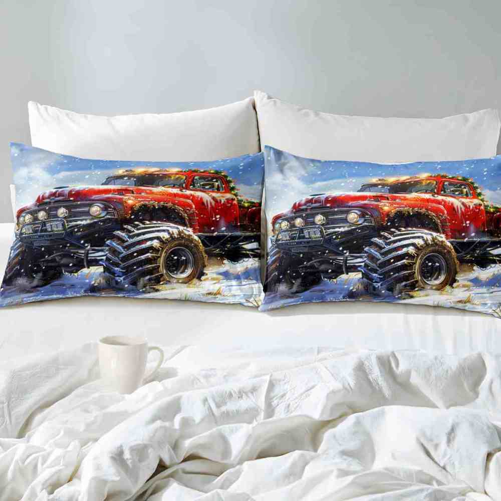 Holiday Roof Wreath Monster Truck Comforter Set Boys Winter Bedding | CozyLil